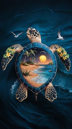 a painting of a turtle on the ocean