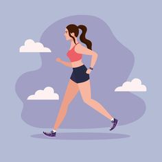 a woman is running in the sky with clouds behind her, and she's wearing a pink top