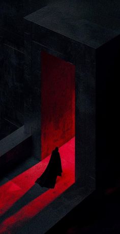 a woman in a long black dress walks through a dark room with red light coming from it