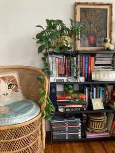 a wicker chair next to a book shelf filled with books