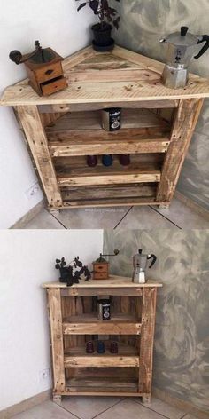 two pictures of the same wooden shelf with different items on top and bottom, one is made out of pallet wood