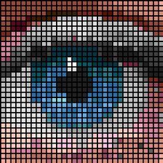 a cross - stitch photo of a dog's face in blue and pink colors