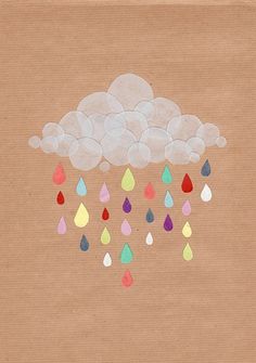 a drawing of a cloud with rain drops coming out of it on a brown background