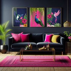 a living room with two paintings on the wall and pink rug in front of it