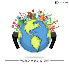 the world music day logo with headphones and musical instruments around it's globe