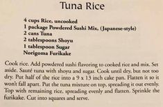 an old recipe book with instructions for how to make tuna rice