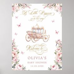 a baby shower sign with pink flowers and a carriage in the middle, on a white background