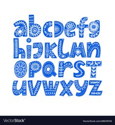 the alphabet is made up of blue letters and numbers with floral designs on white background