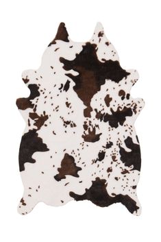 a brown and white cowhide rug on a white background with black spots in the middle