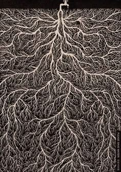 an image of a tree that has been cut into smaller branches and is shown in black and white