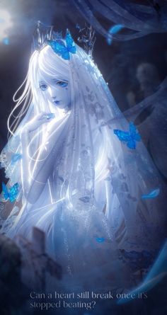 a white haired woman wearing a veil with blue butterflies on it's head and the words can a heart still break once it's stopped beating?