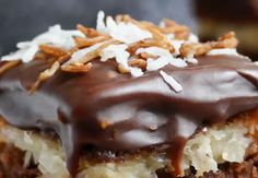 a chocolate covered dessert with coconut on top