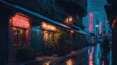 people walking down the street in the rain at night with umbrellas and neon signs