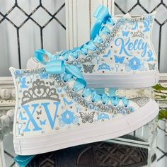 🌸 Step into your Sweet Sixteen or Quinceañera party with an air of elegance and panache, courtesy of our exquisite Flowers Style Custom Converse Shoes. These aren't your run-of-the-mill sneakers; they've undergone a regal transformation exclusively for your special birthday celebration. 🌸 Who says sneakers can't be both sophisticated and comfortable? Well, we're tossing that rulebook out the window! Our Converse shoes are tailor-made for dancing the night away without any foot-related concerns Light Blue Quince Shoes, Converse Quinceanera Shoes, 15 Shoes Quinceanera, Blue Quince Shoes, Quinceanera Converse, Quinceañera Shoes, 15 Th Birthday, Fifteen Birthday, Shoes Quinceanera