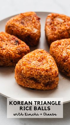 four carrot patties on a white plate with text overlay reading korean triangle rice balls with kimchi and cheese