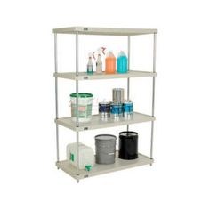 three tier shelving unit with various bottles and containers on the bottom shelf, one is empty