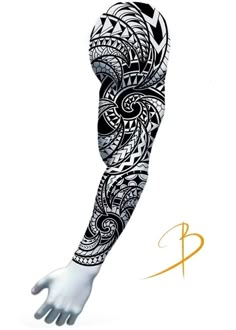 an arm tattoo design with black and white designs on it, in the shape of a hand