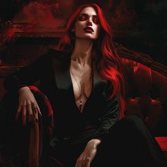 a woman with red hair sitting in a chair and looking off into the distance while wearing a black suit