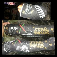 two pairs of socks with star wars designs on them