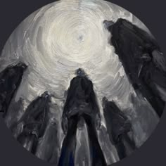 an abstract painting of black and white people standing in front of a full circle of clouds