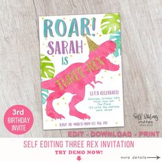 a pink dinosaur birthday party card with gold glitter on the bottom and words roar, sarah is