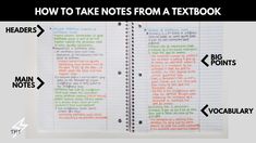 an open notebook with words and arrows pointing to the text how to take notes from a textbook