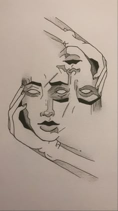 a black and white drawing of a woman's face with her hands on her head