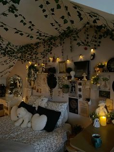 a bedroom decorated with plants and stuffed animals