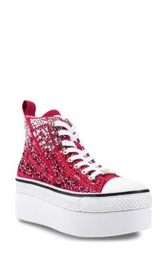 A jewel-encrusted upper lends undeniable glamour to a high-top sneaker lifted by a towering platform sole. 2 1/2" platform Lace-up style Textile upper/leather lining/synthetic sole Imported Jewel Encrusted, Style Bundle, High Top Sneaker, Nordstrom Store, Up Styles, New Shoes, Womens Shoes Sneakers, High Top, High Top Sneakers