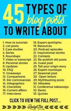 a yellow and blue poster with the words, five types of blog posts to write about