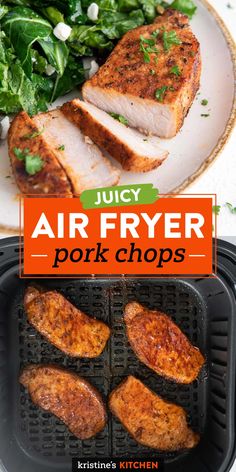 juicy air fryer pork chops on a plate with greens