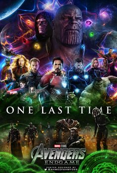 the avengers movie poster for one last time, featuring many different characters and their names