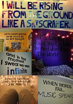 there are many different types of words on the wall in this room, including one that says i will be rising from the ground like a starcrier