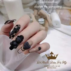 Big Finger, Black Manicure, Middle Finger Ring, Orange Stick, Heart Patches, Kawaii Nails, Nail Length, Luxury Nails, Nail Charms