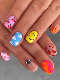 colorful, cute indie short nails Emoji Nails, Colorful Nail, Nail Art Set, Nail Forms, Colorful Nail Designs, Nail Art Kit, Nails 2024