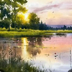 a painting of the sun setting over a lake