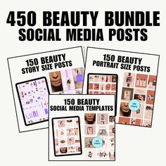 four postcards with the words, 450 beauty bundle social media posts