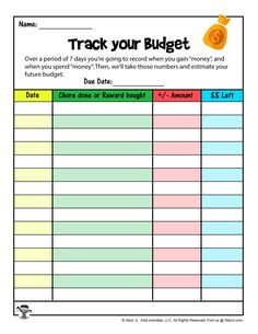 a printable worksheet with the words track your budget and an image of money