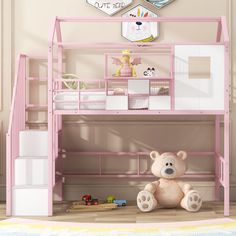 a teddy bear sitting on the floor in front of a pink bunk bed with shelves