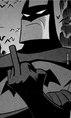 the batman animated character is pointing his finger at something in front of him and bats flying overhead