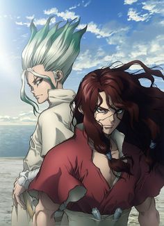 two anime characters standing next to each other in front of the ocean and sky with clouds