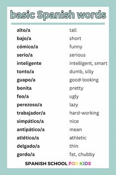 the basic spanish words list for kids