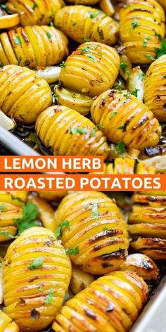 grilled lemon herb roasted potatoes with parsley on top and the title overlay