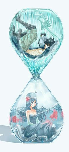 the little mermaid is floating in an hourglass with water and other things on it