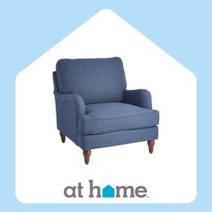 a blue chair with the words at home on it's bottom and bottom corner