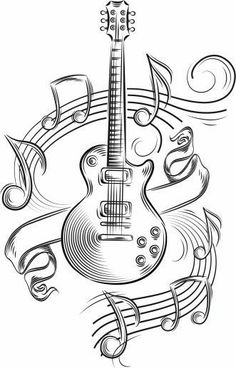 an electric guitar with musical notes and music staffs in the background royalty illustration on white