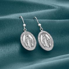 Ross-Simons - Italian Sterling Silver Miraculous Medal Drop Earrings. Crafted in Italy, our Miraculous Medal drop earrings present two faithful symbols in glorious sterling silver ? the Virgin Mary on the front and a Marian Cross on the back. This devotional pair is the perfect gift for a person of faith! Hanging length is 1 1/2". Earwire, sterling silver Miraculous Medal drop earrings. Miraculous Medal Necklace, Medal Jewelry, Miraculous Medal, Set Necklace, Our Lady, Virgin Mary, Cable Chain, Silver Necklaces, Jewelry Set