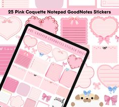 a pink planner sticker with hearts and bows on it, next to a tablet