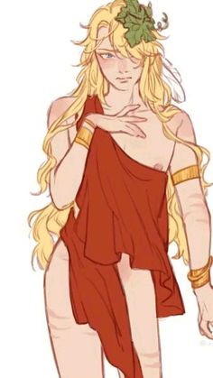 a drawing of a woman with long blonde hair wearing a red dress and gold bracelets