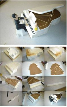 there are many different pictures of cakes made to look like piano keys and music instruments